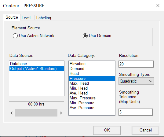 The Contour – PRESSURE dialog box, Source tab, with the source options configured for the creation of the new contours