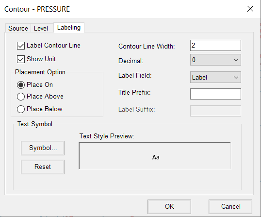 The Contour – PRESSURE dialog box, Labeling tab, with all the options configured for the creation of the new contours