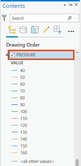 The Contents pane displaying the PRESSURE contours, with the checkbox enabled, showing that layer is ON