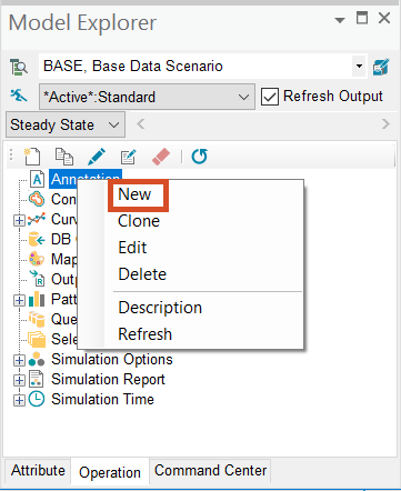 The Model Explorer, Operation tab, showing the selection of the Annotation tool submenu and New being selected to create a new set of annotations