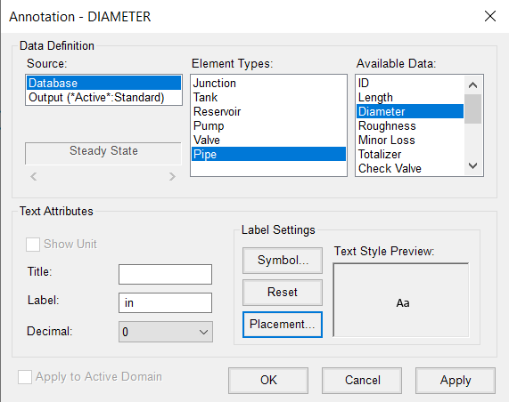 The Annotation – DIAMETER dialog box, showing the options configured for the pipe diameters to display in the map view