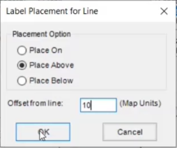 The Label Placement for Line popup, showing the placement options for the pipe diameter annotations