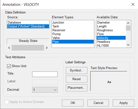 The Annotation – VELOCITY dialog box, showing the options configured for the pipe velocity annotations