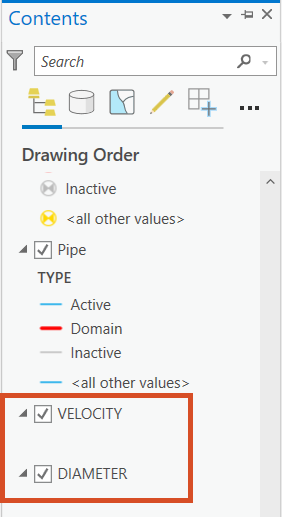 The Contents pane with the VELOCITY and DIAMETER layers highlighted and toggled ON