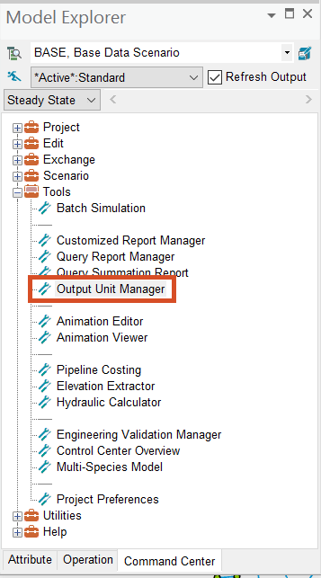 The Model Explorer, Command Center tab, with the Tools folder expanded and Output Unit Manager highlighted