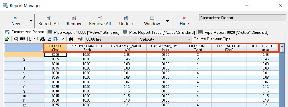 The Report Manager displaying custom field selections as table headings