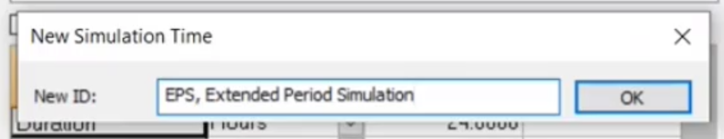 The New Simulation Time dialog box, with the New ID field entered for an extended period simulation.