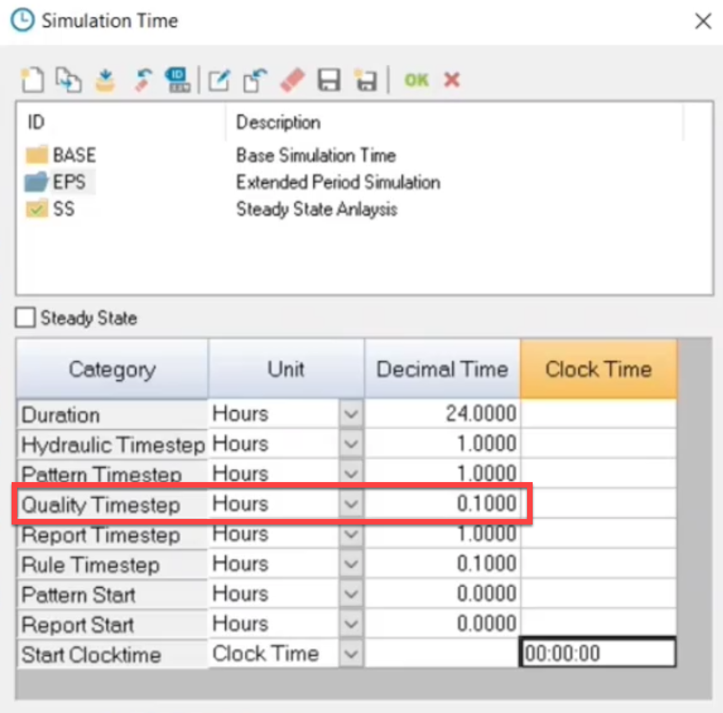 The Simulation Time dialog box, with the Quality Timestep row highlighted.