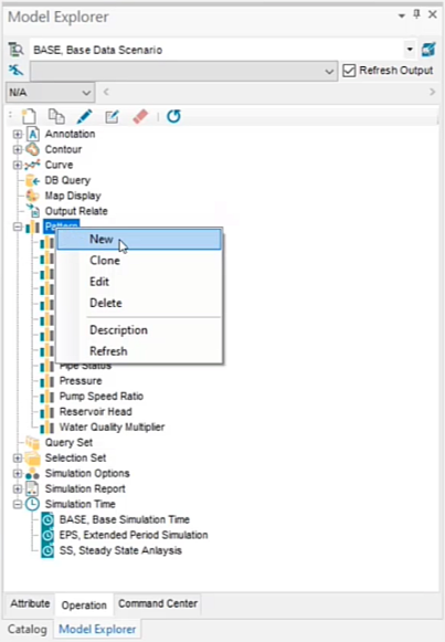 The Model Explorer, Operation tab, with the Pattern node expanded and New being selected to create a new pattern