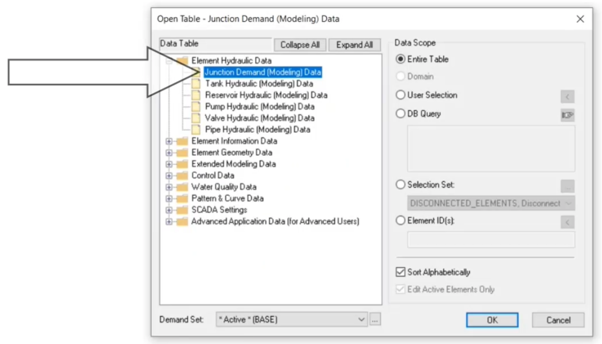 The Junction Demand (Modeling) Data dialog box with Junction called out for selection in the Data Table pane