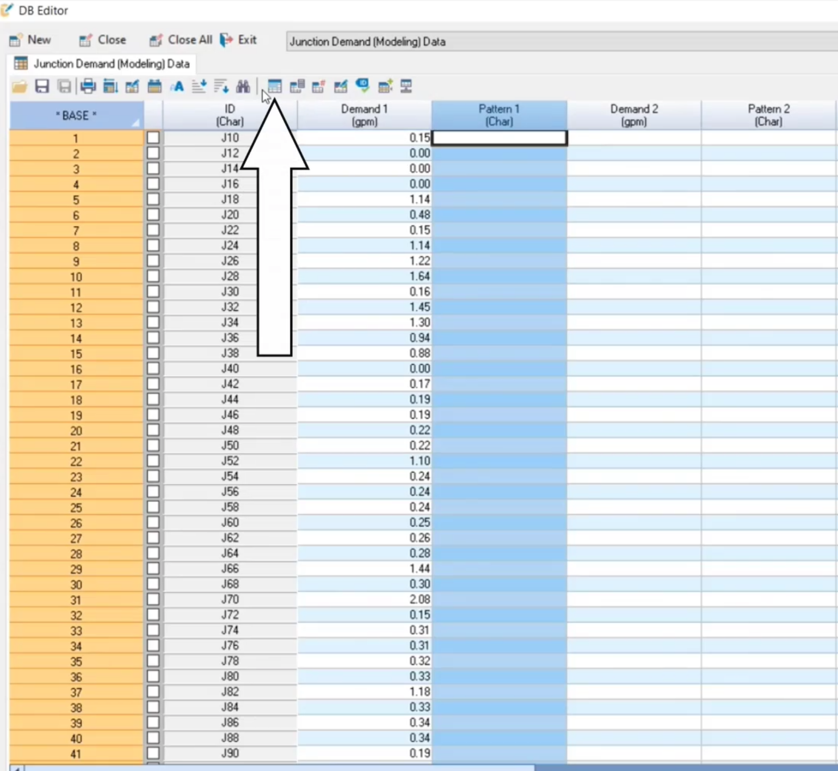 The DB Editor, with the Pattern 1 column selected and the Block Editing tool called out for selection