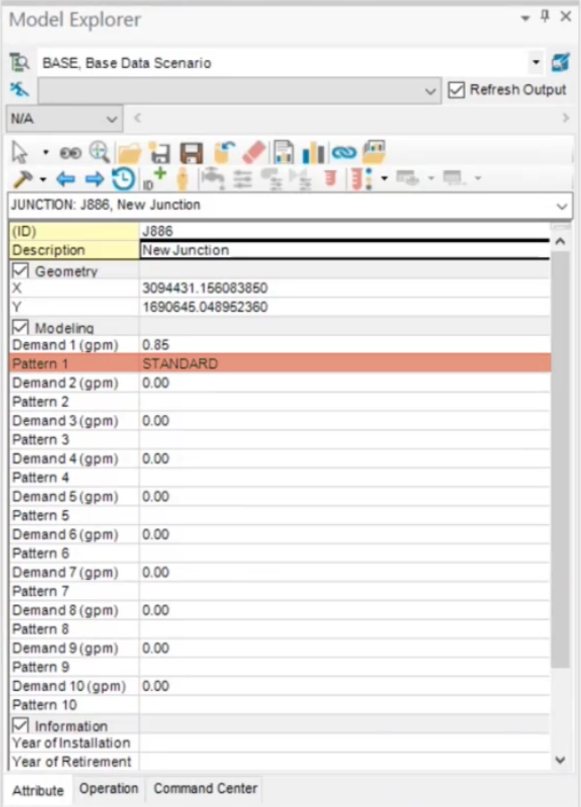 The Model Explorer, Attribute tab, with the Pattern 1 row highlighted and showing the Standard pattern as active