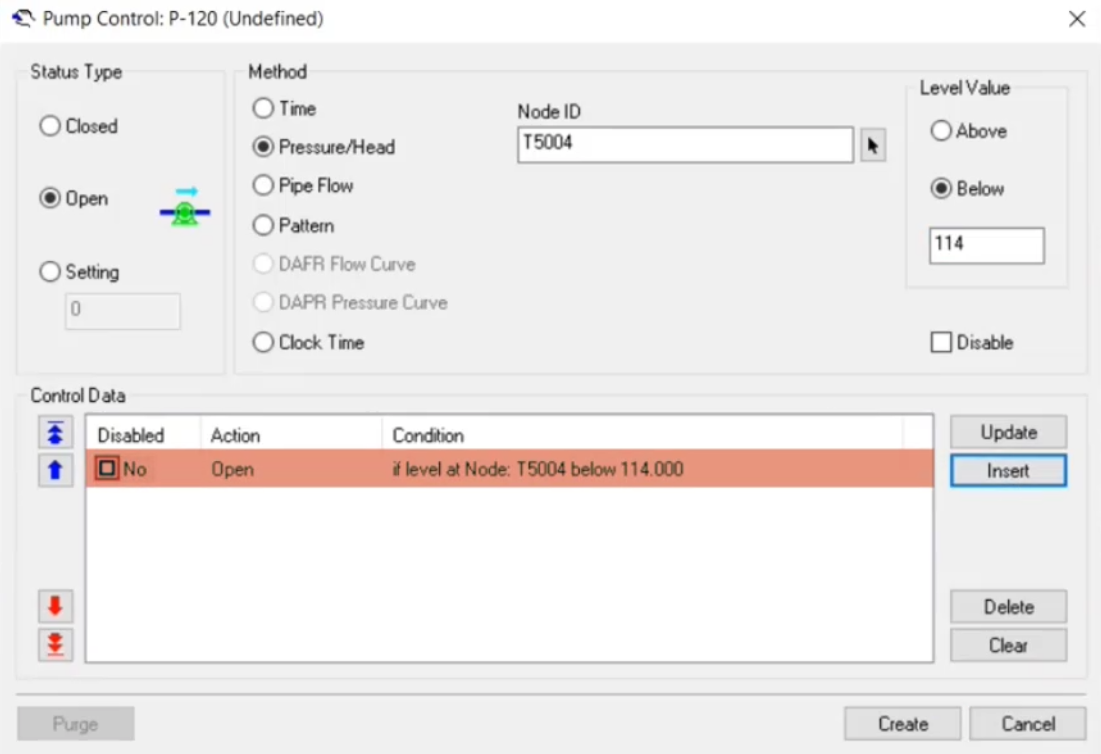 The Pump Control dialog, with the controls set for pump P120