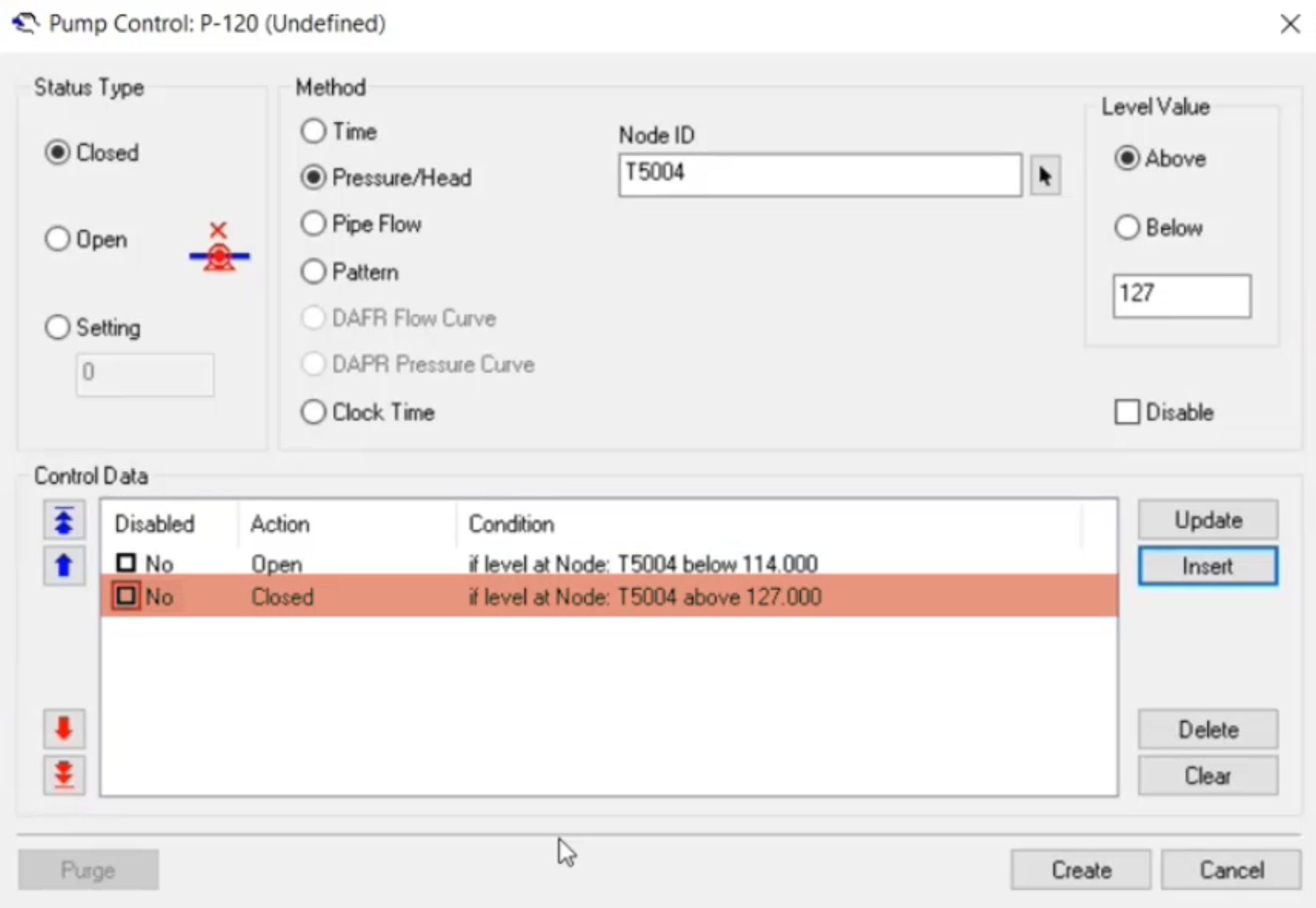 The Pump Control dialog, with the controls set for pump P120