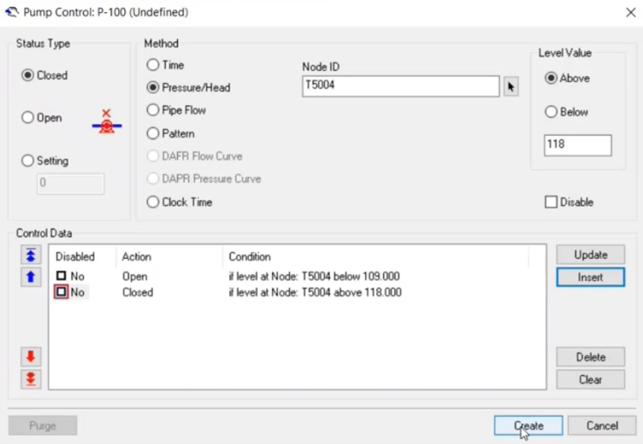 The Pump Control dialog, with the controls set for pump P-100