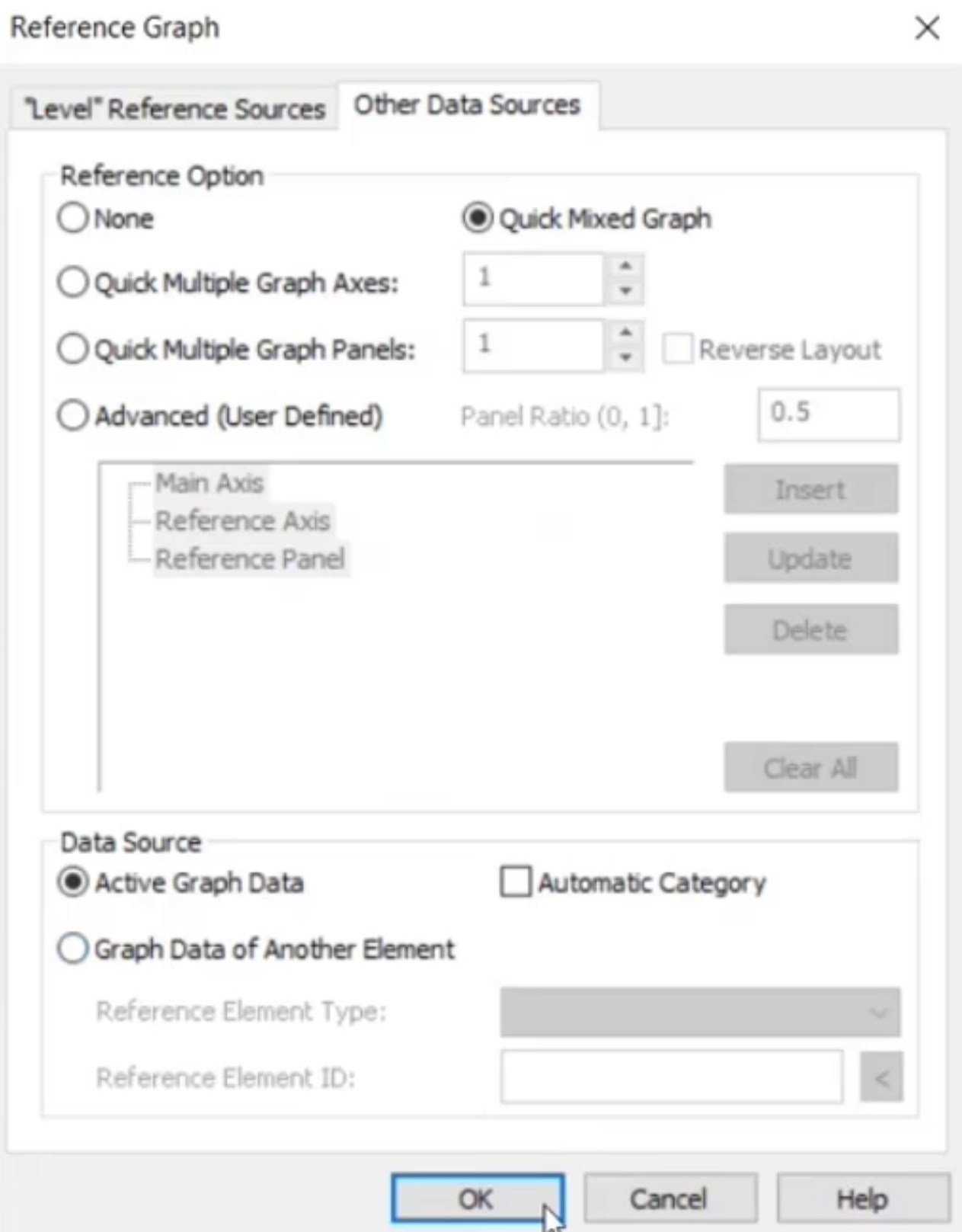 The Reference Graph dialog box with the reference option and data source settings configured