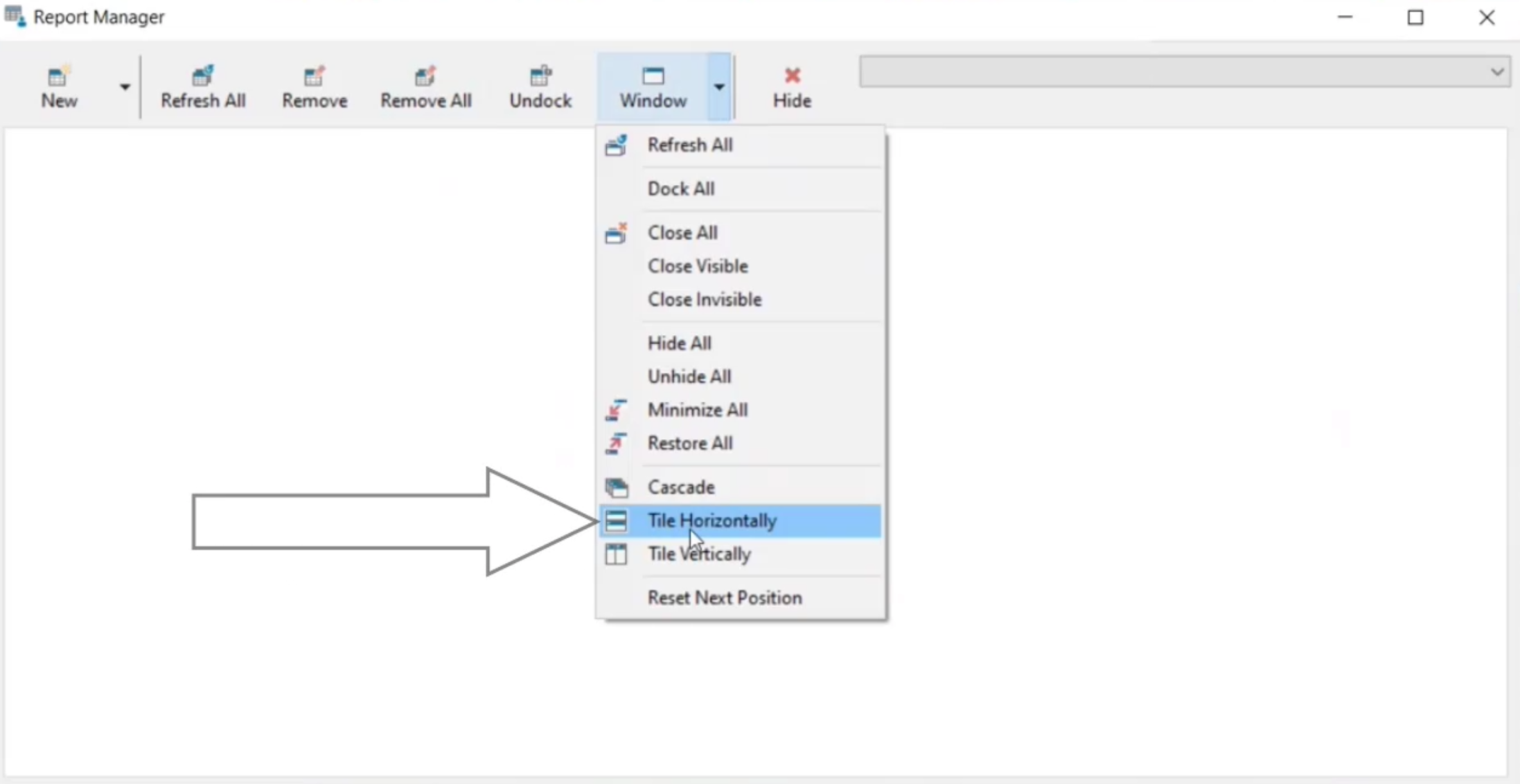 The Report Manager, with the Window menu expanded and the Tile Horizontally tool being selected