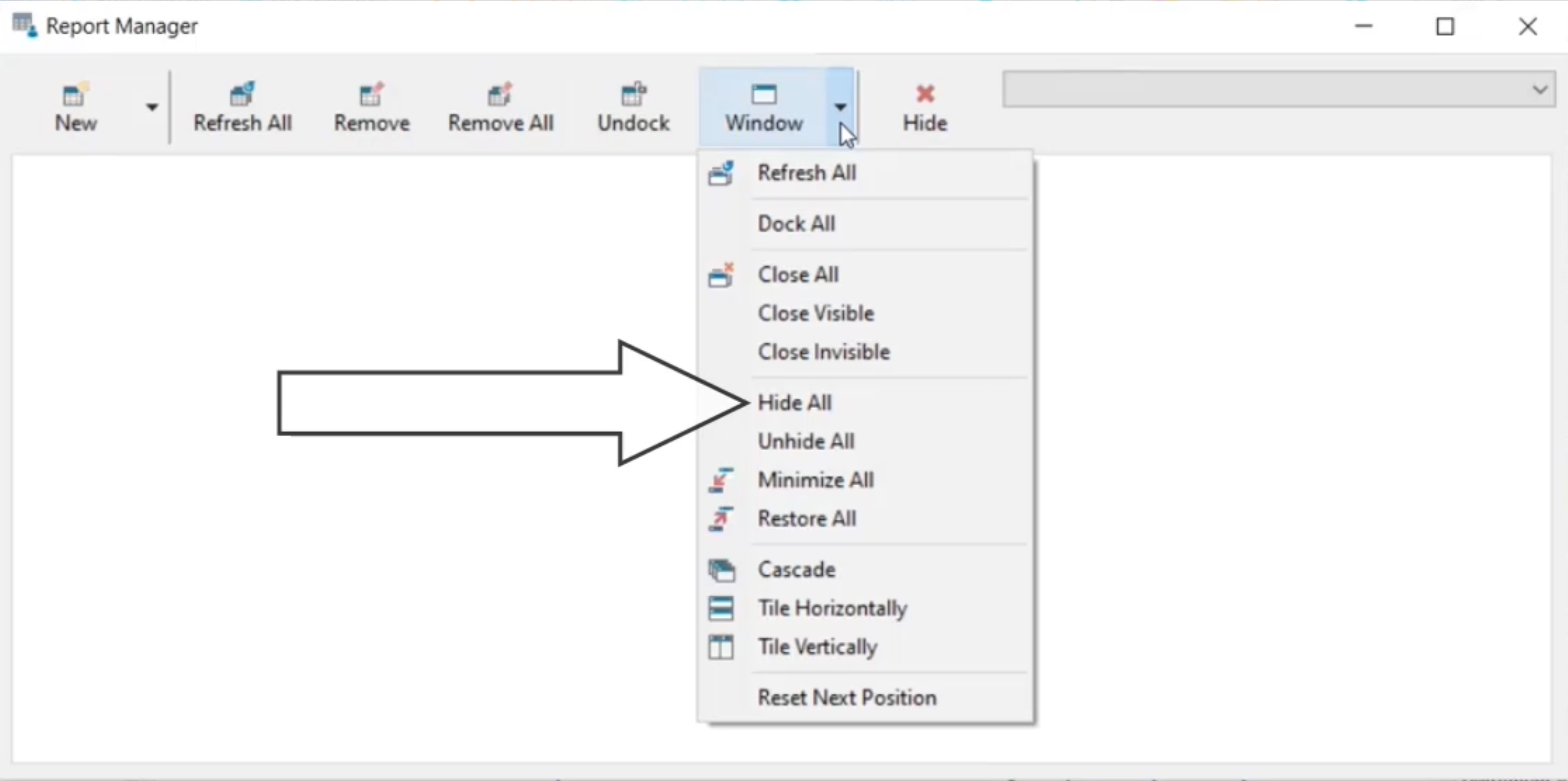 The Report Manager, with the Window menu expanded and the Hide All option called out