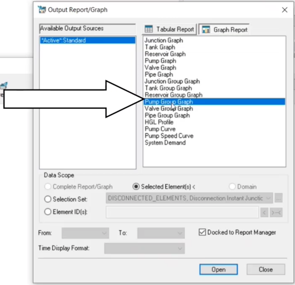 The Output Report/Graph dialog box, with Pump Group Graph selected in the Graph Report pane