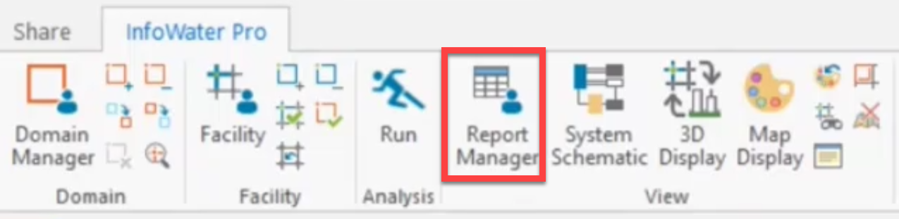 The InfoWater Pro ribbon, View panel, with the Report Manager button called out