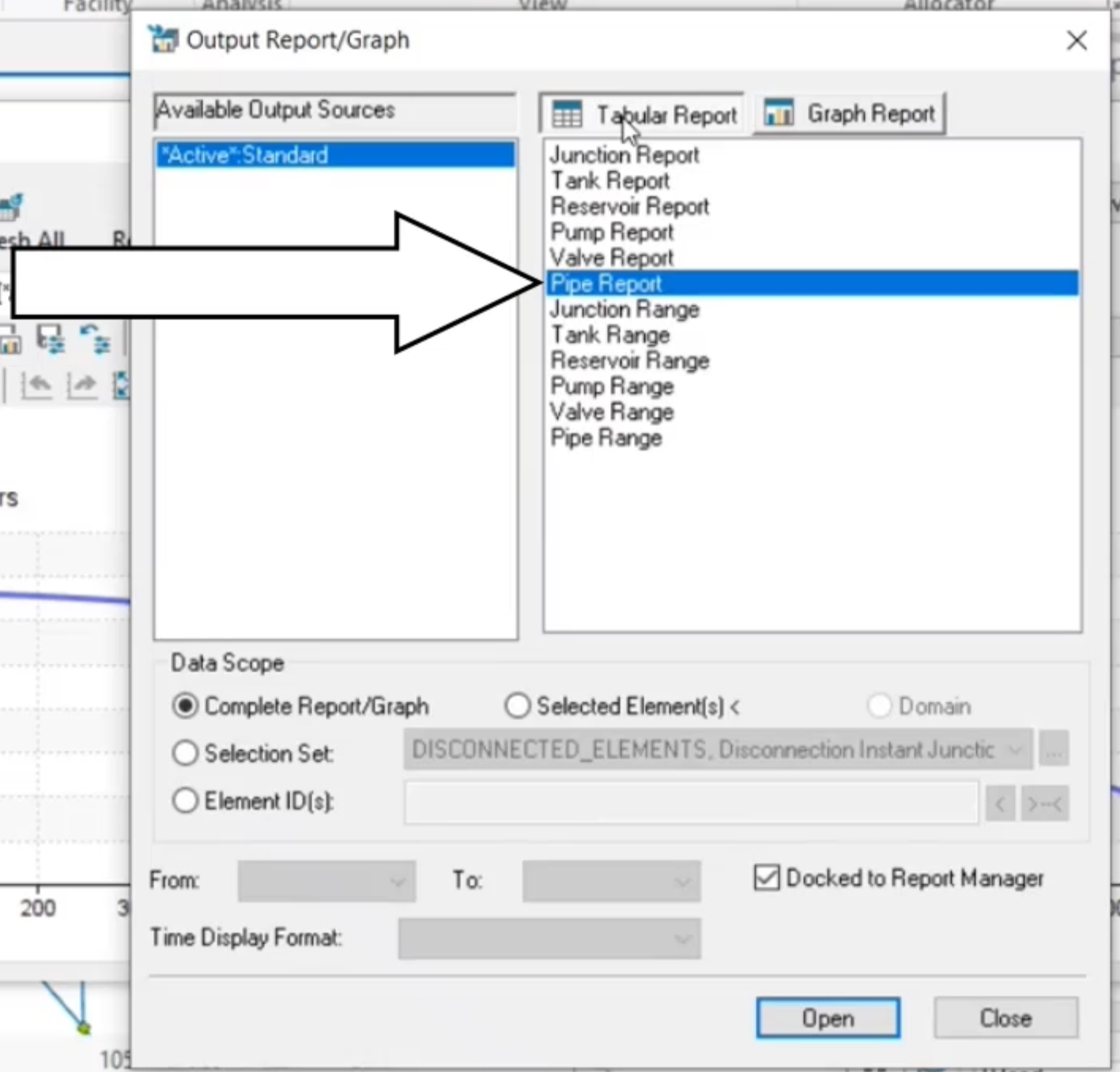 The Output Report/Graph dialog, Tabular Report tab, with Pipe Report selected and Complete Report/Graph enabled