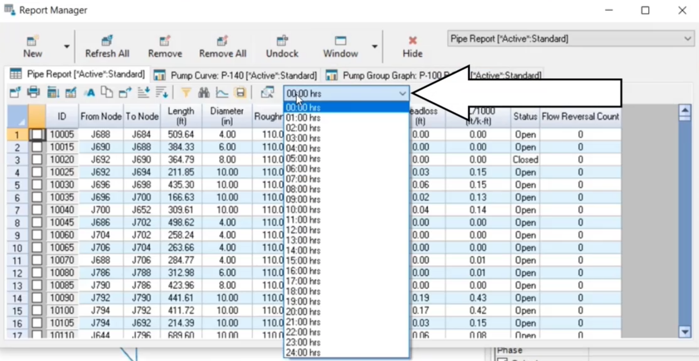 The Report Manager with the time drop-down expanded