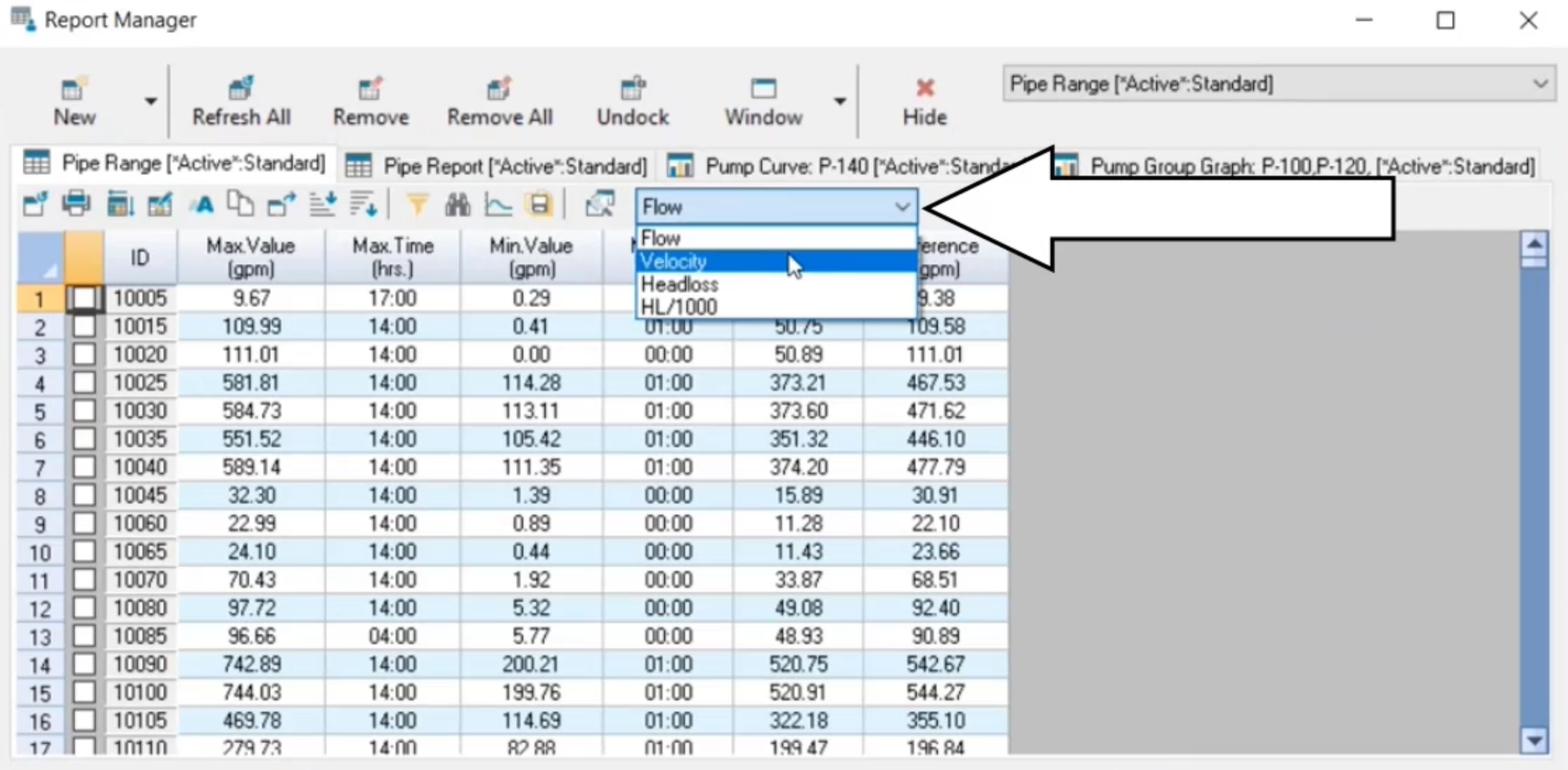 Screenshot of the Report Manager with Velocity being selected