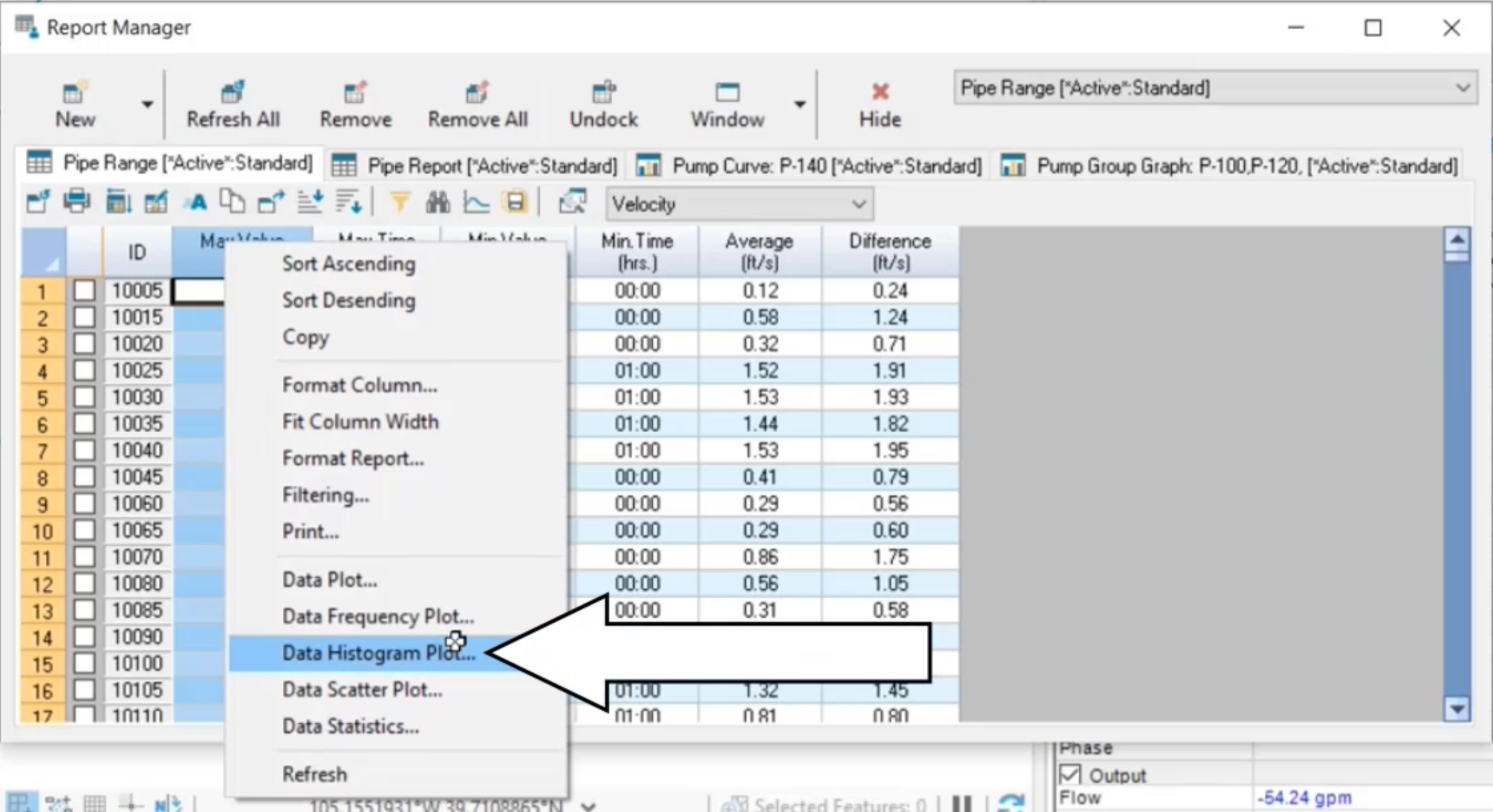 Screenshot of the Report Manager with the Max Volume column highlighted, the shortcut menu displayed, and Data Histogram Plot selected