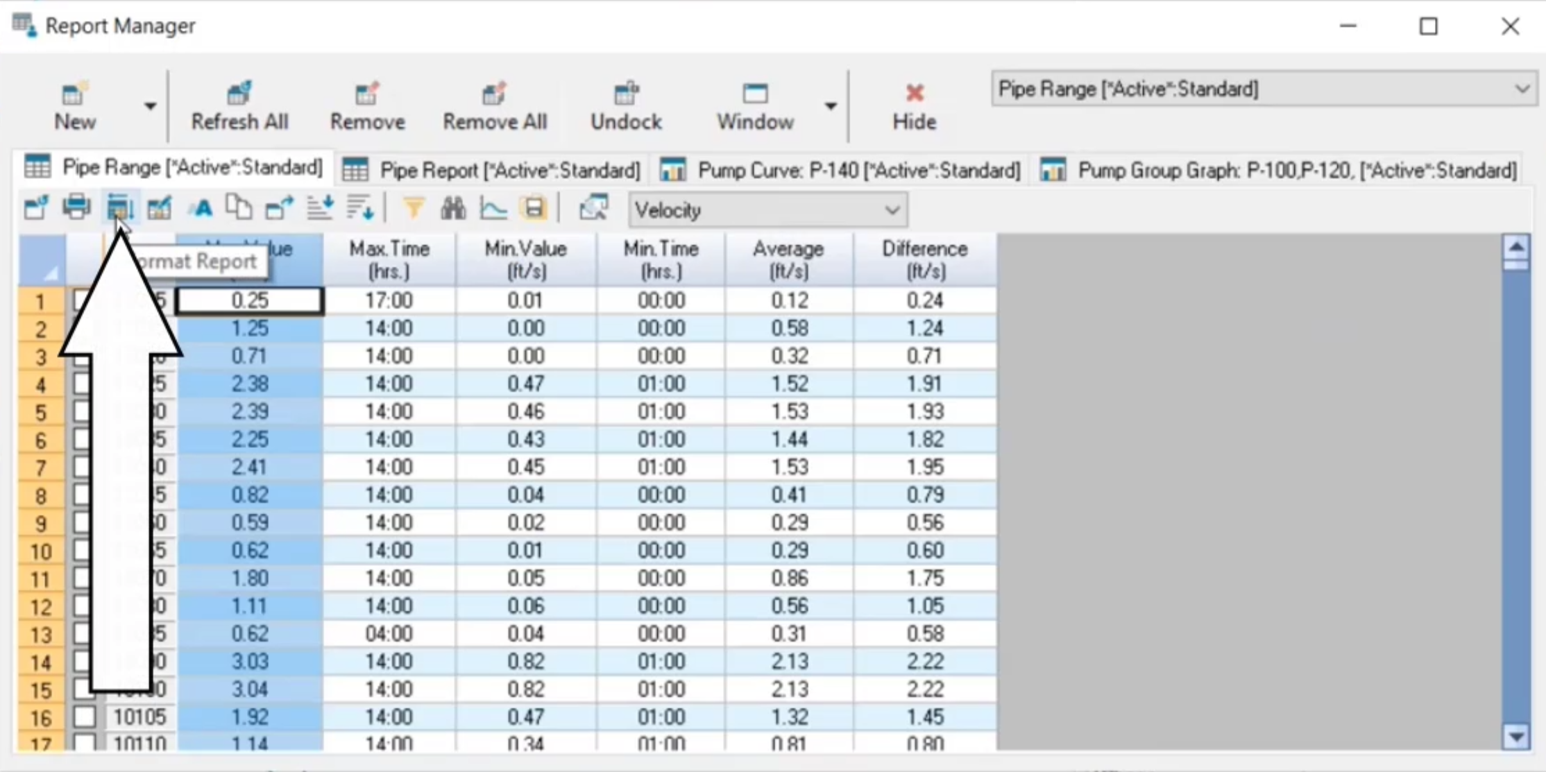 The Report Manager with the Format Report tool being selected from the toolbar