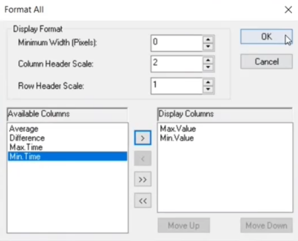 Screenshot of the Format All dialog with the Display Columns arranged