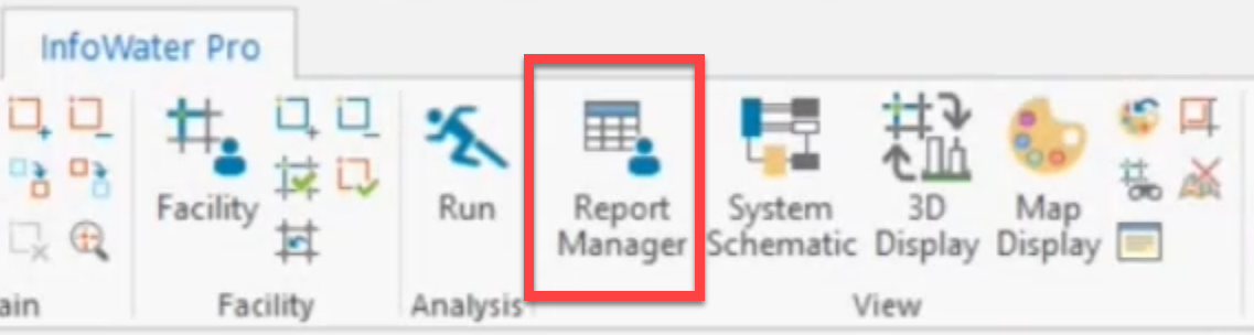 The ribbon, InfoWater Pro tab, View panel, with the Report Manager highlighted