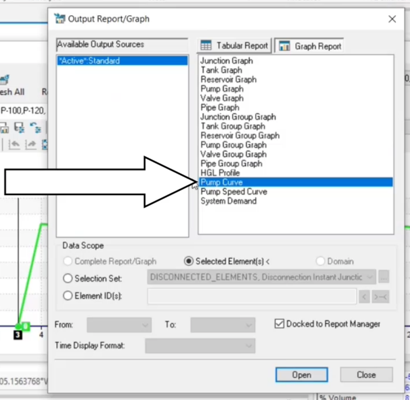 The Output Report/Graph dialog box, with Pump Curve being selected