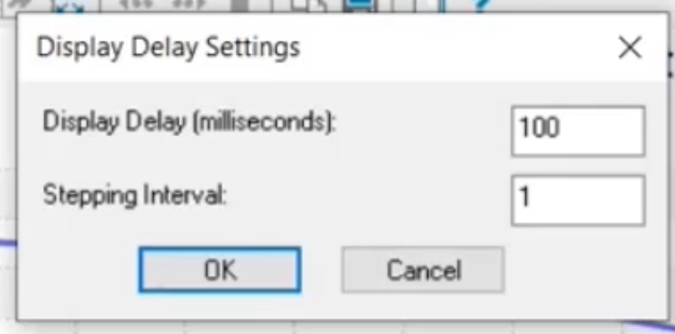 The Display Delay Settings popup, with the Display Delay and Stepping Interval configured