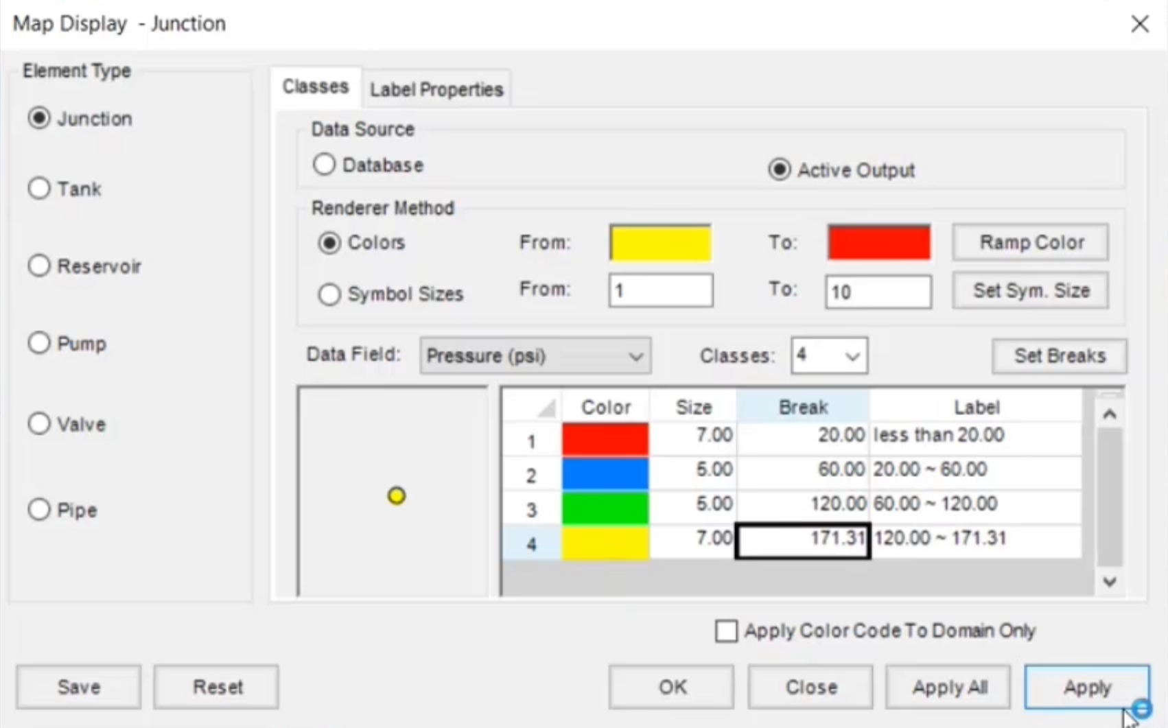 The Map Display dialog box, with the Junction Classes settings configured