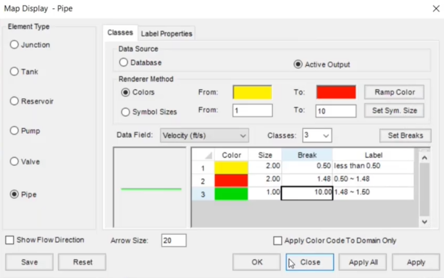 The Map Display dialog box, with the Pipe Classes settings configured