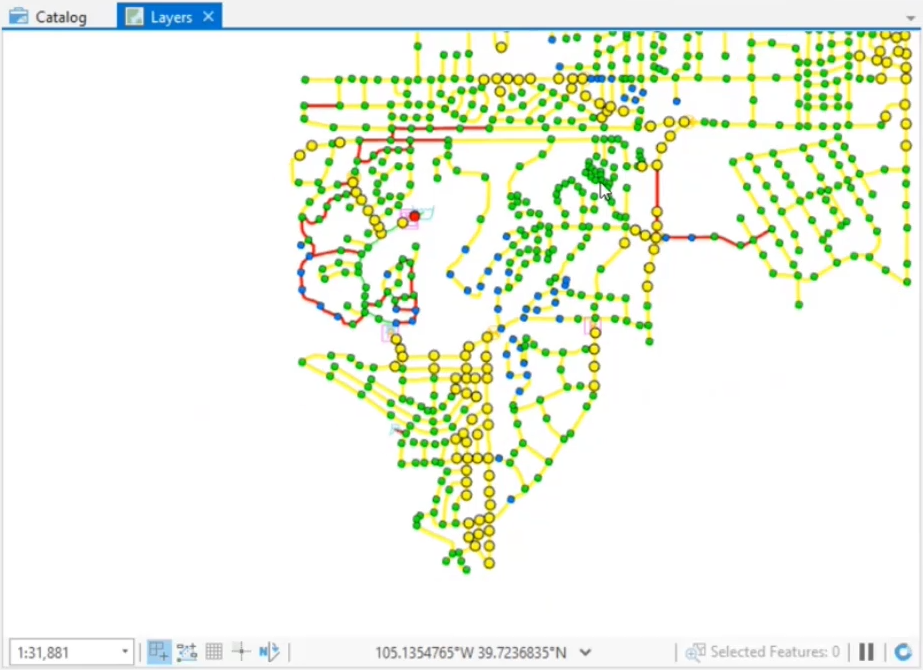 The Map view of the model, with the color-coded display for the junctions and pipes active