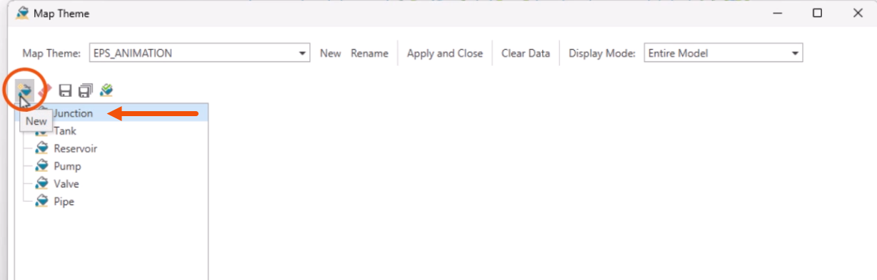The Map Theme dialog, with Junction selected and called out with a red arrow, and New being selected and highlighted in red.