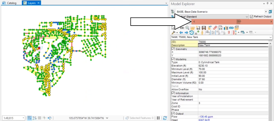 The Map view and Model Explorer, with the output timebar slider called out and the map view showing the model at that point in time