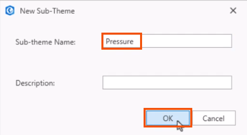 The New Sub-Theme dialog, with a name entered and highlighted in red, and OK being selected and highlighted in red.