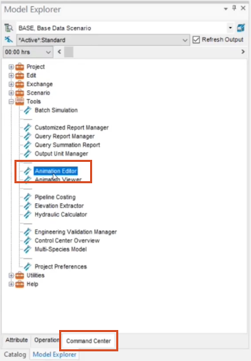 The Model Explorer, Command Center tab, with the Tools node expanded and Animation Editor called out as being selected