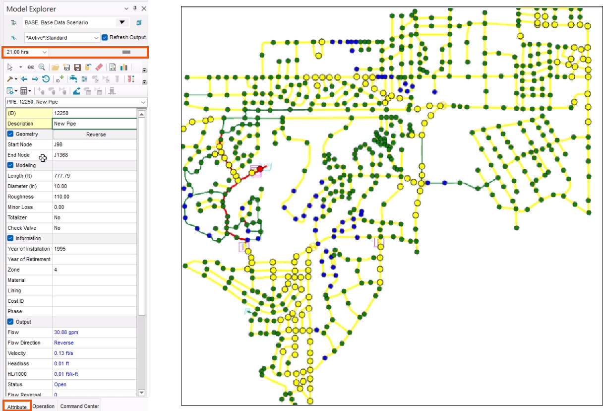 On the left, the Model Explorer with the Attribute tab selected and highlighted in red, and the time slider updated and highlighted in red. On the right, the map, with color coding updated to reflect the output value.
