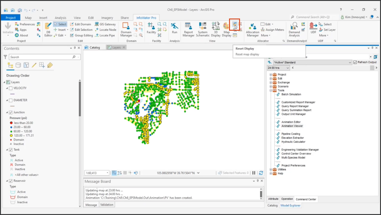 The InfoWater Pro ribbon, View panel, with Reset Display being selected and the Map view about to be set back to the default display