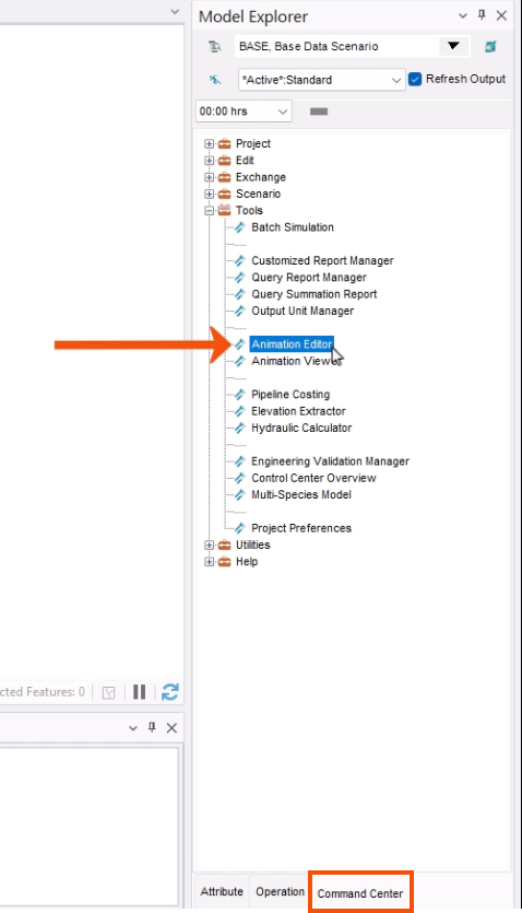 The Model Explorer, with the Command Center tab selected and highlighted in red, and the Tools folder expanded, with Animation Editor called out with a red arrow.