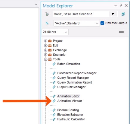 The Model Explorer, with the Tools folder expanded, and Animation Viewer called out with a red arrow.