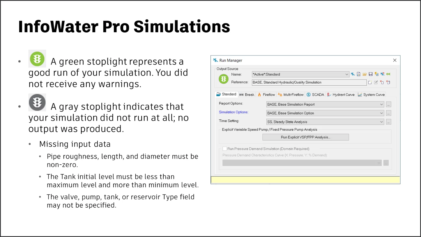 A presentation slide showing the green stoplight indicator with explanation, the gray stoplight indicator with explanation, and the Run Manager