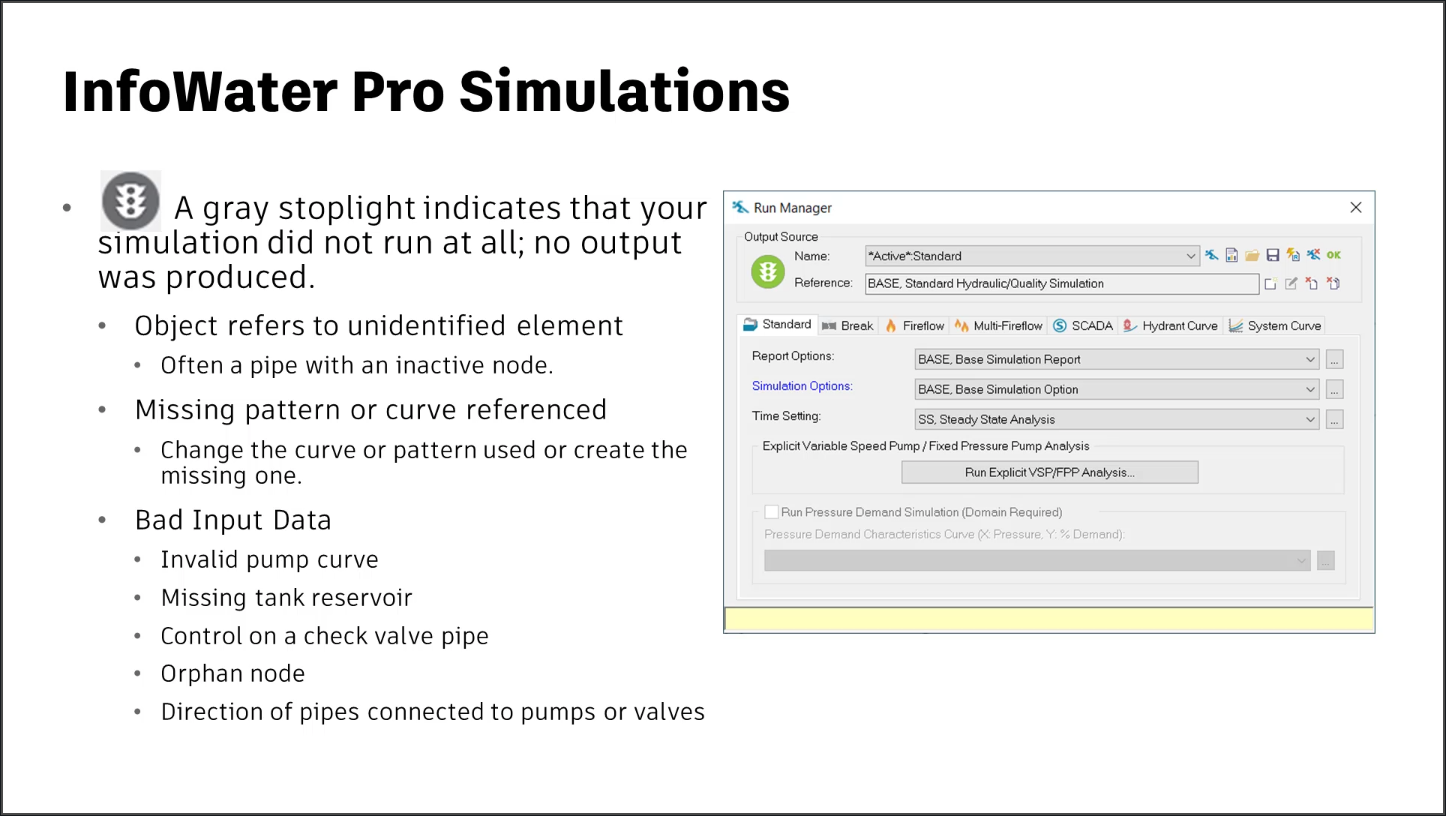 A presentation slide showing the gray stoplight indicator with additional explanation, and the Run Manager