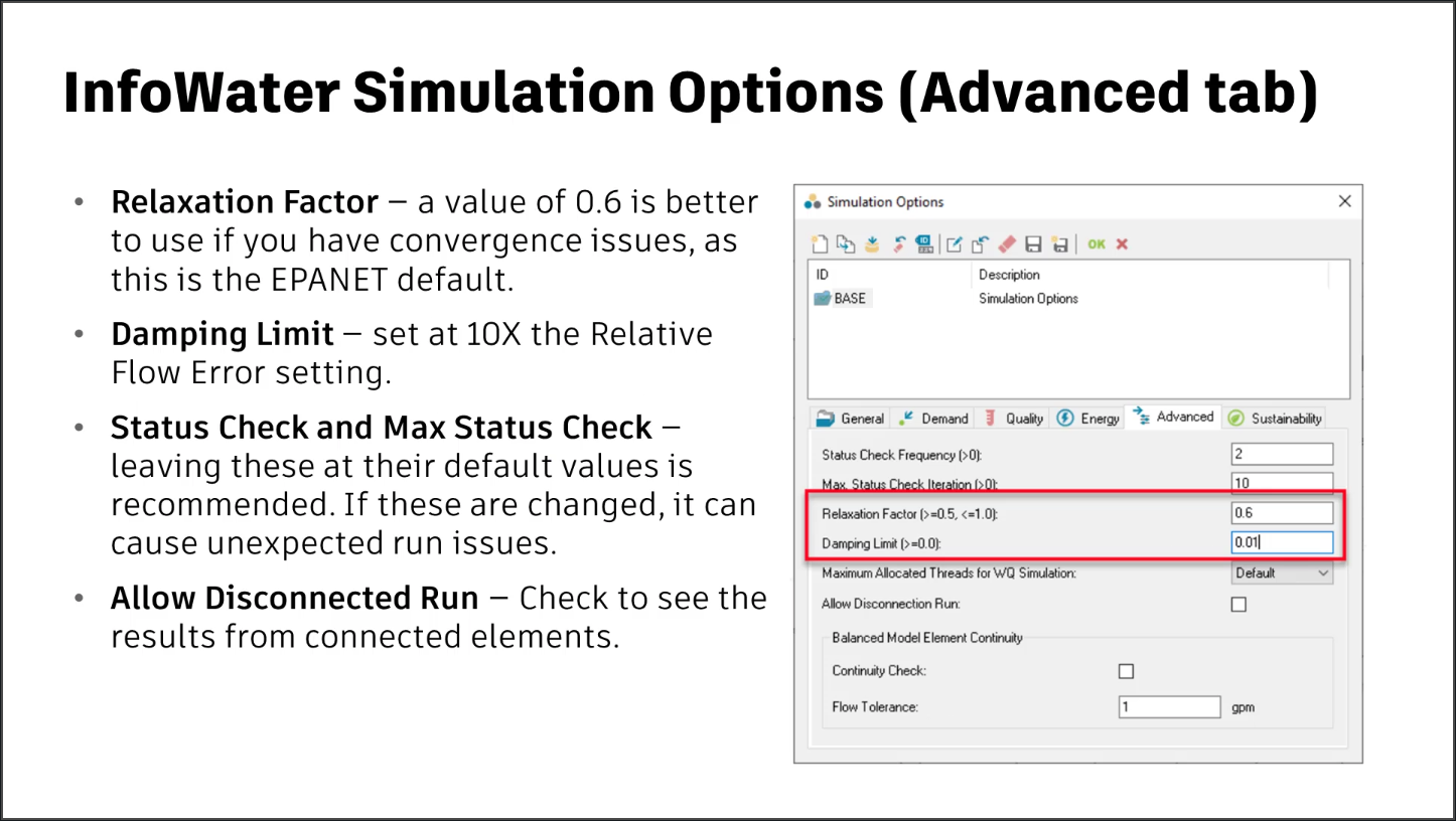 A presentation slide showing the Simulation Options dialog box, Advanced tab with a list of suggested fixes