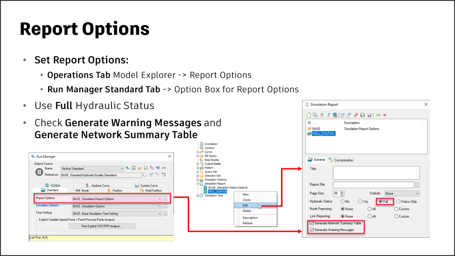 A presentation slide showing the Simulation Report dialog box, with suggested fixes from the options listed there