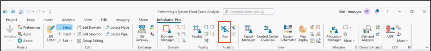 The ribbon, InfoWater Pro tab, with the Run tool highlighted in the Analysis panel