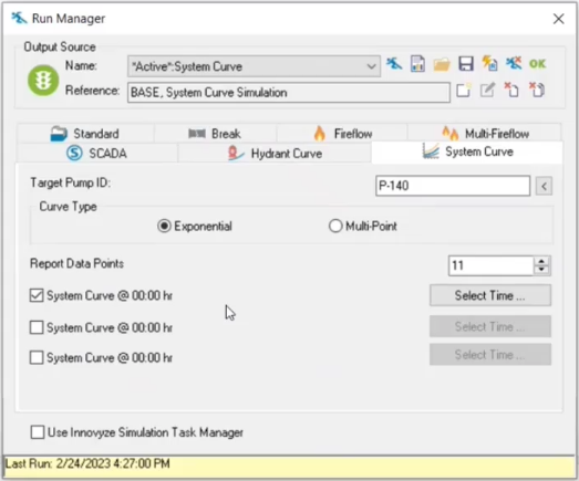 The Run Manager, System Curve tab, with the settings configured to create a system curve for one time period